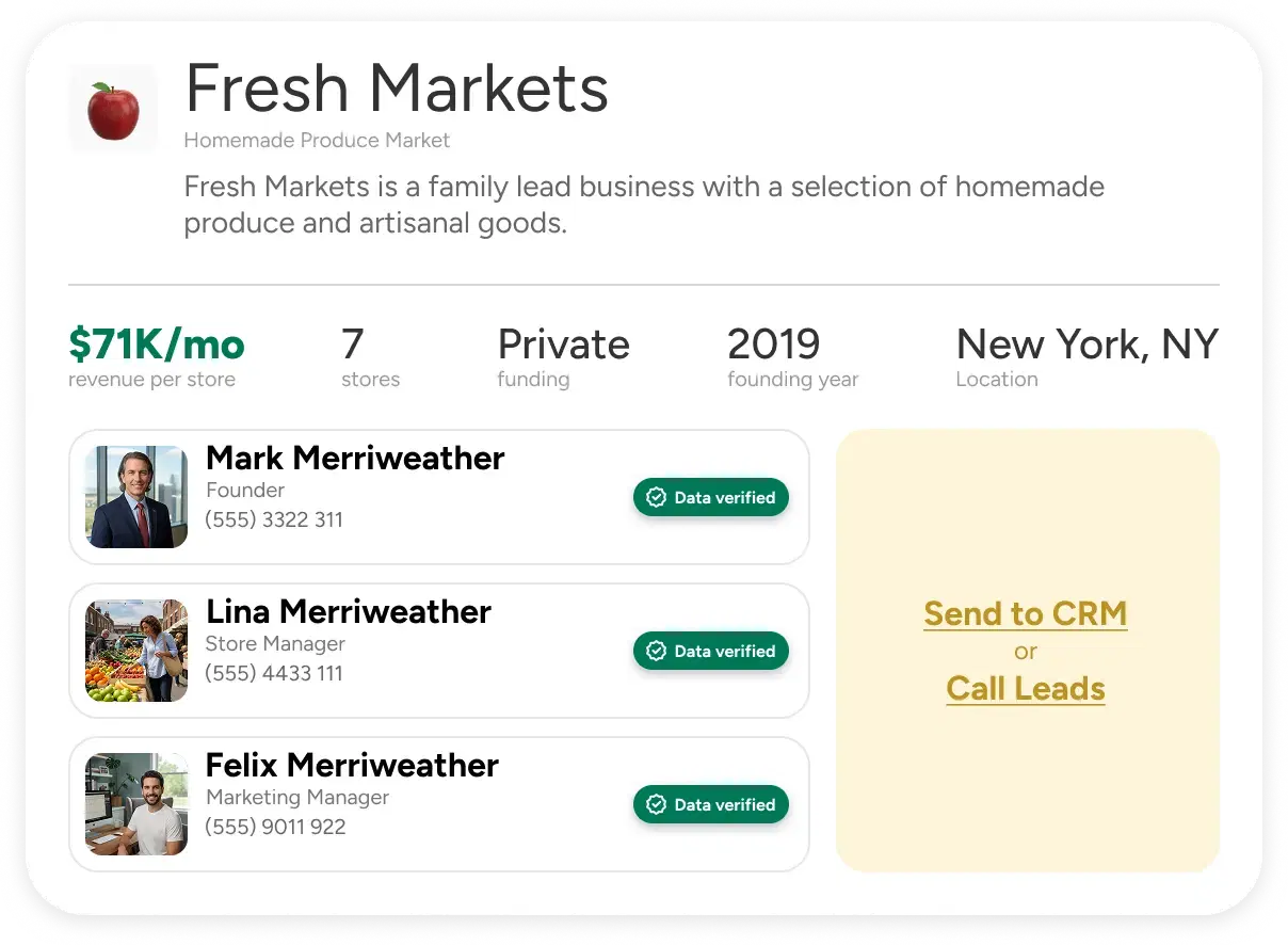 Verified sales data — local store profile with revenue, funding, founding year and verified contacts