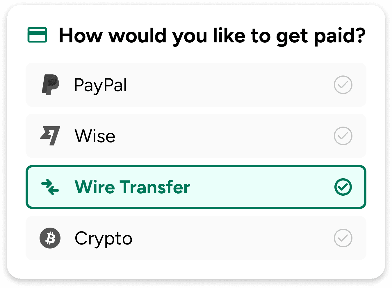 Payout method selector preview
