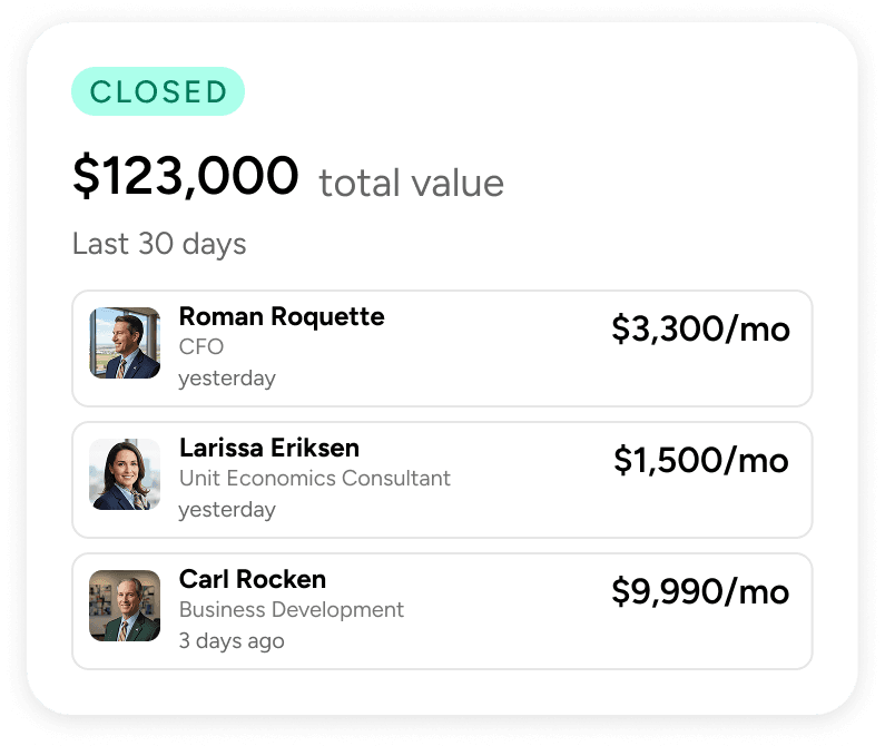 Closed deals totaling $123,000 in value over the last 30 days